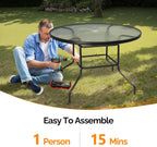 VINGLI 40'' Outdoor Dining Table with Umbrella Hole, All Weather Round Patio Table, Waterwave Tempered Glass Top and Metal Frame, for Garden Porch Balcony Yard