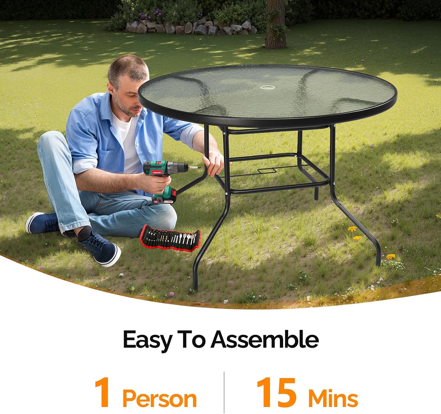VINGLI 40'' Outdoor Dining Table with Umbrella Hole, All Weather Round Patio Table, Waterwave Tempered Glass Top and Metal Frame, for Garden Porch Balcony Yard