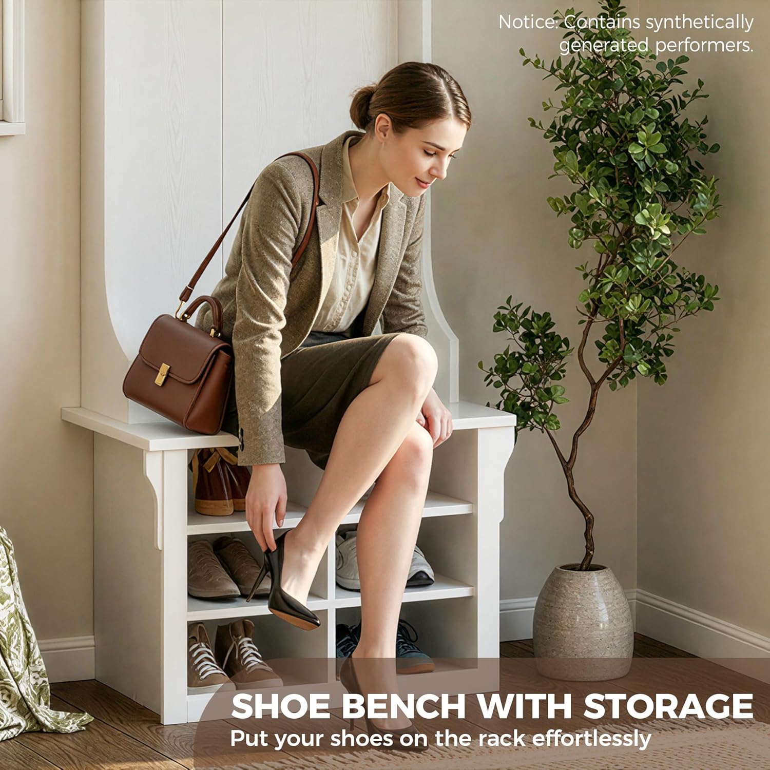 IRONCK Hall Tree with Bench and Shoe Storage, 6-in-1 Entryway Bench with Coat Rack, Adjustable Shelf, Hanging Hooks, 6 Shoe Cubbies, 2-Tier Top Storage, for Entryway, Bedroom, Living Room, White