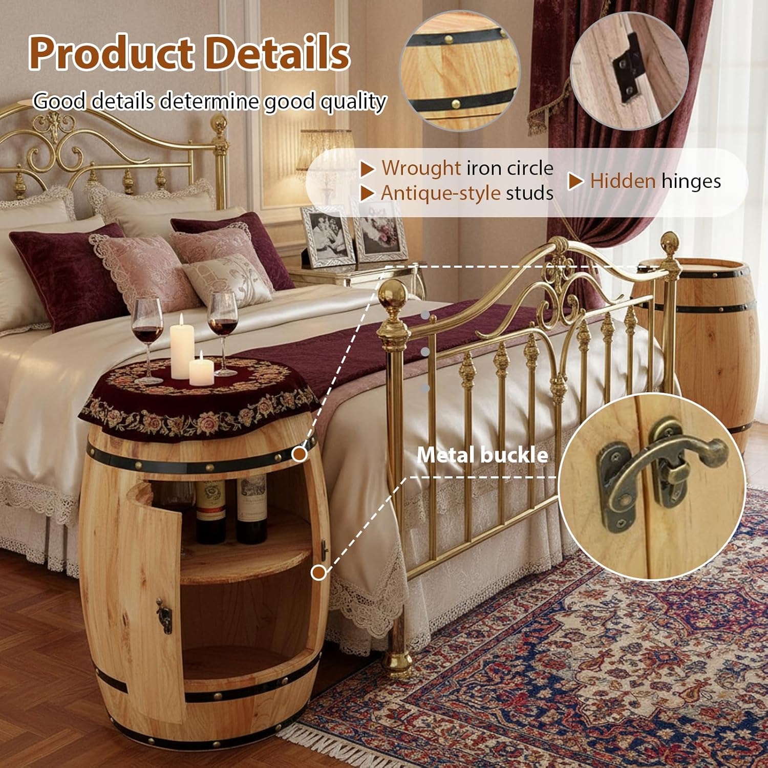Vintage Whiskey Barrel Table, Solid Wood Barrel Side Table with Storage & Lock, Wooden Wine Barrel Cabinet, Rustic Barrel Bar for Home Bar, Living Room