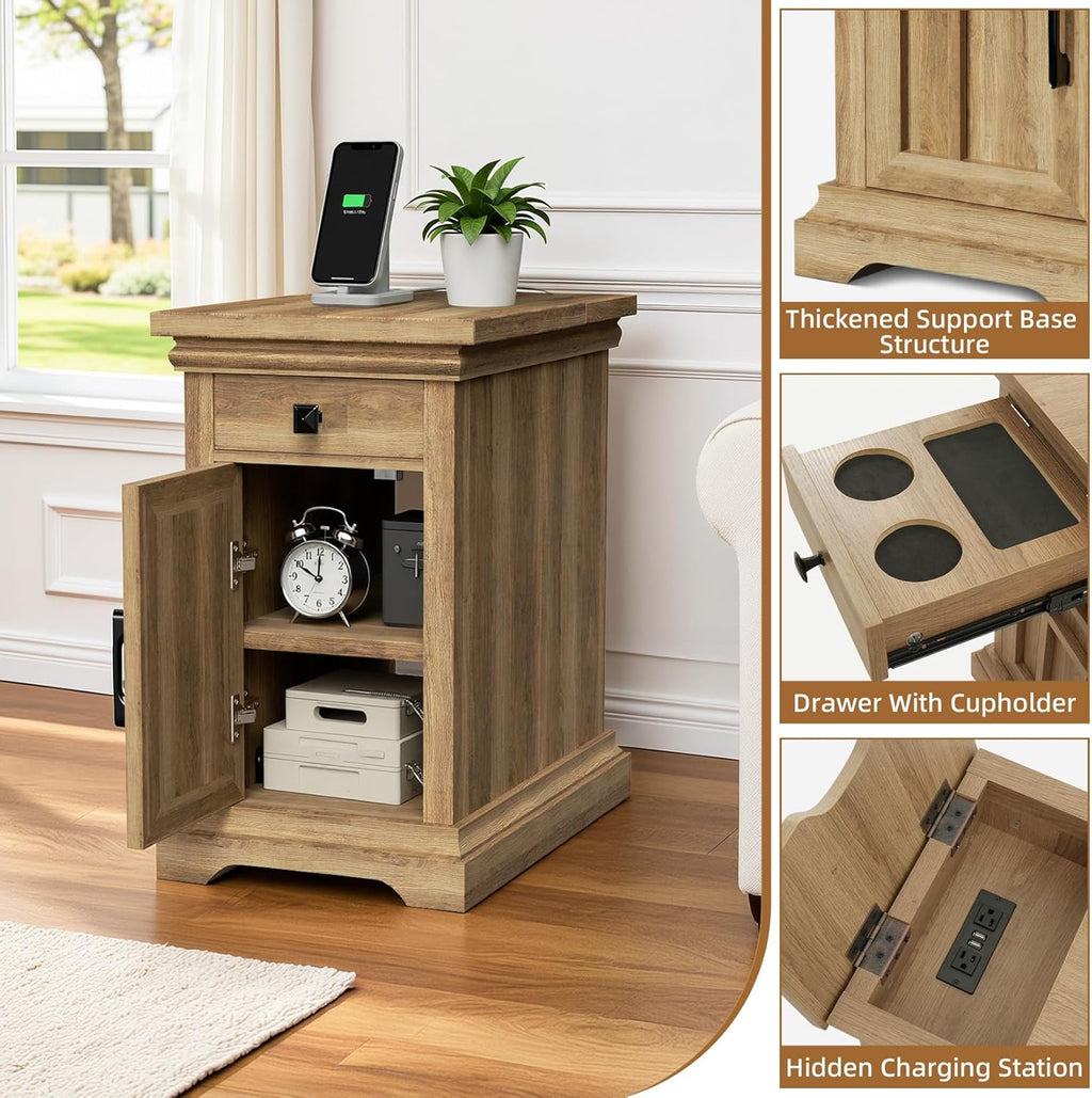 Farmhouse End Table with Charging Station, Rustic Wooden Nightstand with USB Ports and Outlets, Storage Drawer and Cabinet, Narrow Side Table for Living Room, Natural