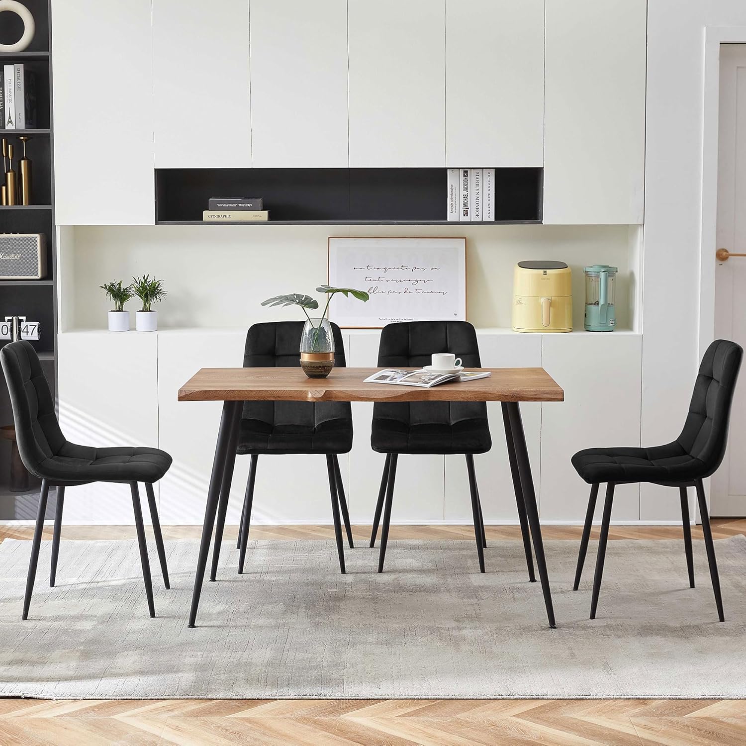 NORDICANA 5-Piece Dining Table Set, 47 in Modern Irregular Rectangle Kitchen Table & 4 Black Velvet Upholstery Side Chairs, Metal Legs, Dining Room Set for 4