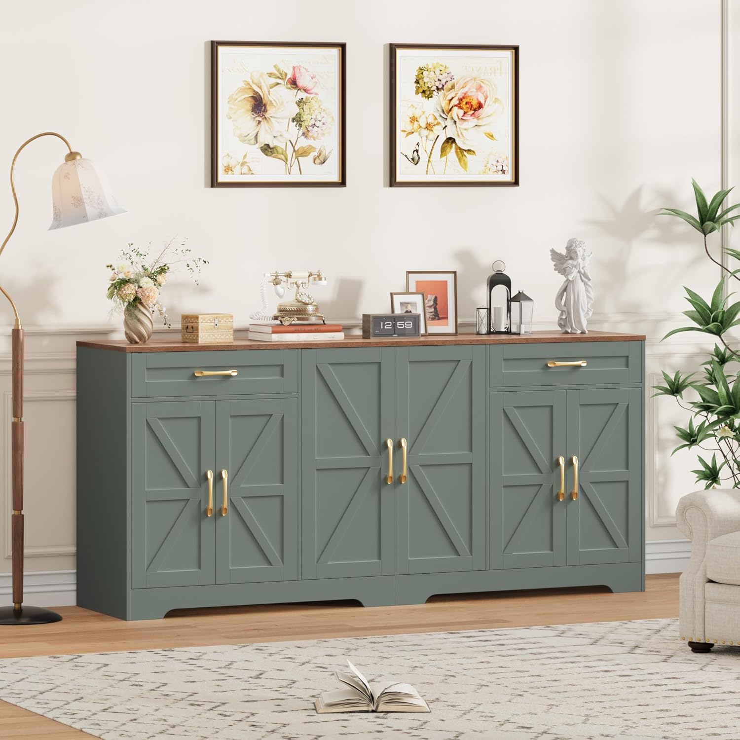 BOTLOG 71” Large Sideboard Buffet Cabinet with Storage, Farmhouse Kitchen Buffet Cabinet with Adjustable Shelves and 6 Barn Doors, Wood Coffee Wine Bar Console Table for Kitchen, Dining Room, Green