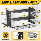 SUNALLY Power Tool Organizer, Heavy Duty Wall Mount Tool Organizer 3 Layers with 4 Drill Holders, Garage Tools Storage Rack with 2 Side Pegboards and Hooks for Workshop, Shed, Black