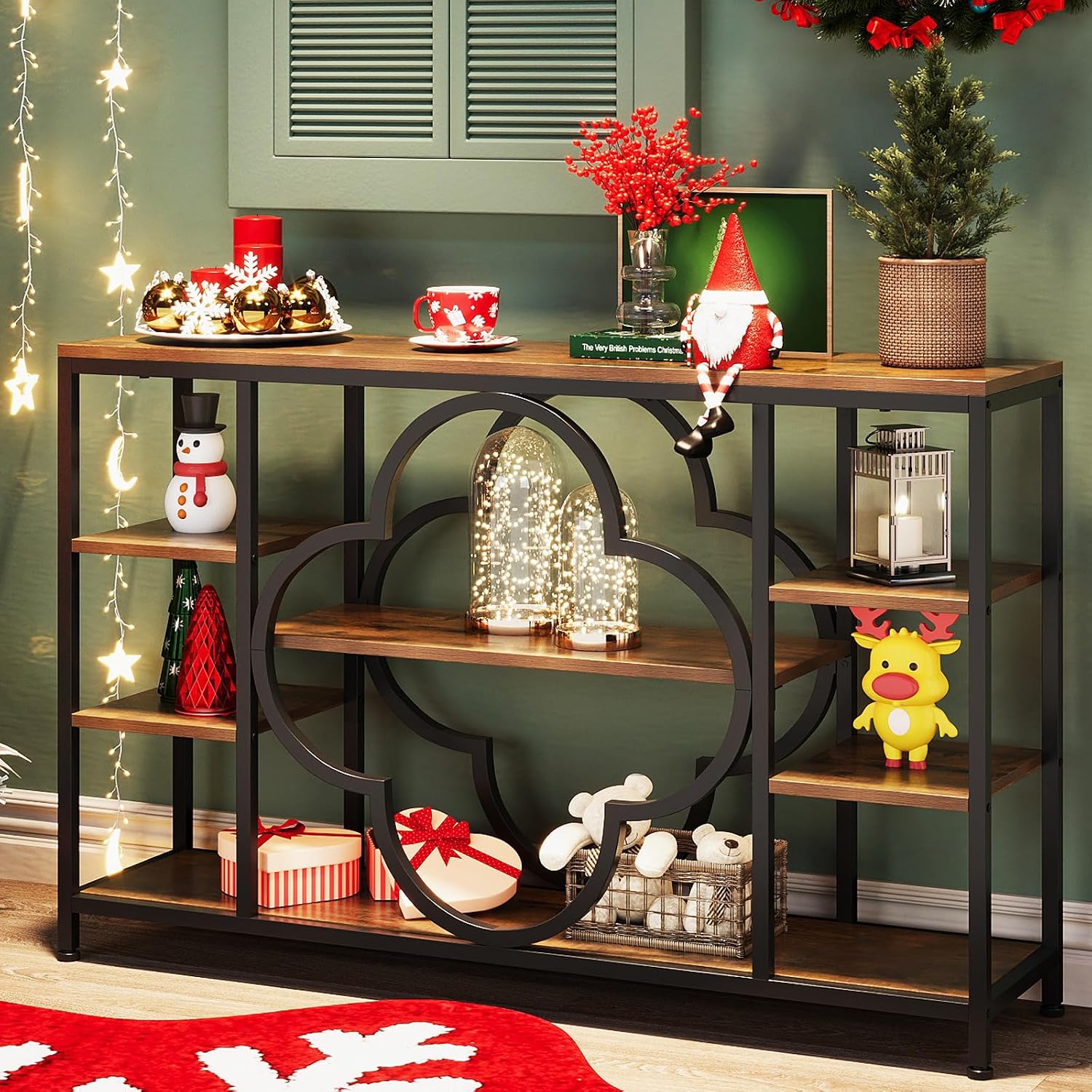 GiftGo 47" Farmhouse Console Tables for Entryway Retro Sofa Table Behind Couch Open Display Storage Shelves for Foyer, Hallway, Front Door,Living Room,Elegant Four-Leaf Clover (Rustic Brown, 47")