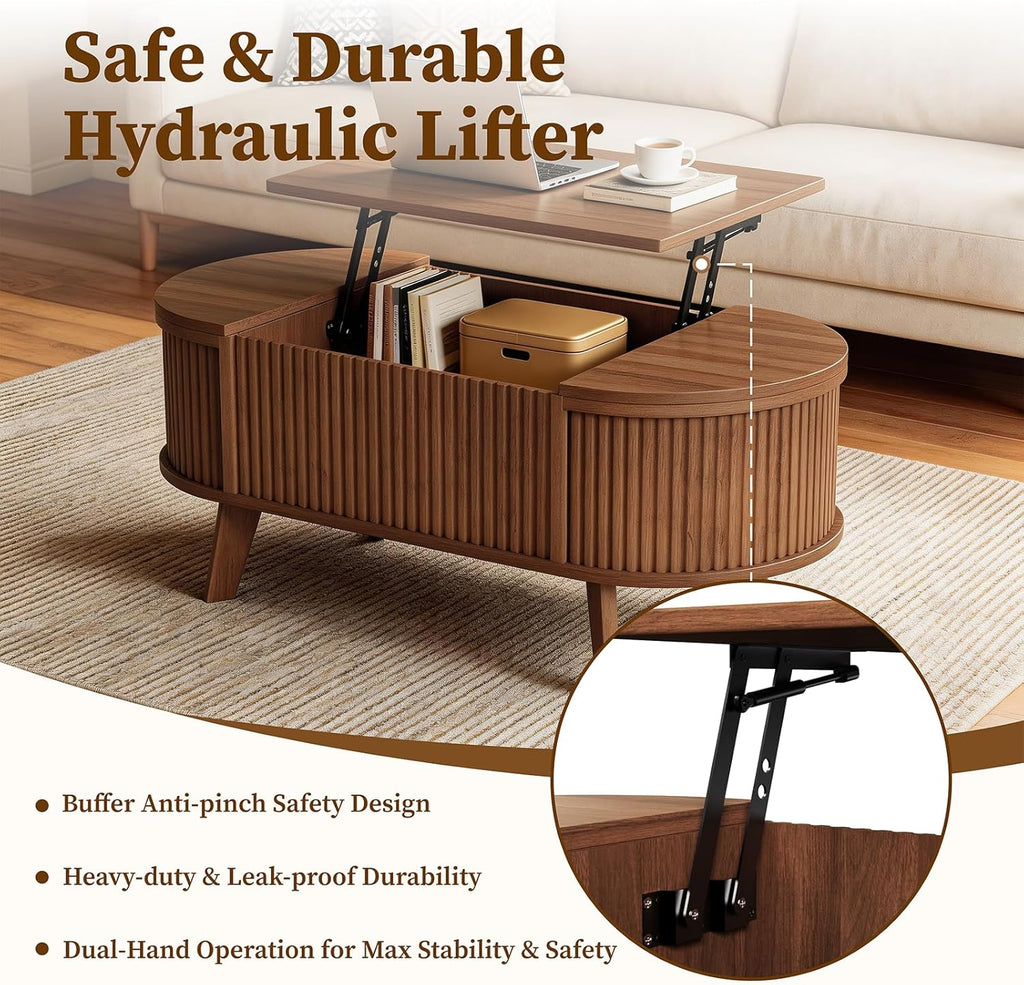 Oval Fluted Coffee Table with Lift Top, Mid Century Modern Coffee Table with 3 Hidden Storage, 39.4" Farmhouse Center Tables for Living Room Home Office, Walnut