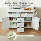 ONBRILL 47" Kitchen Island with 2 Storage Cabinets & 5 Drawers, Mobile Island Table for Kitchen with Imitation Marble Drop Leaf, Rolling Island Cart with Power Outlet & Spice Rack & Towel Rack, White