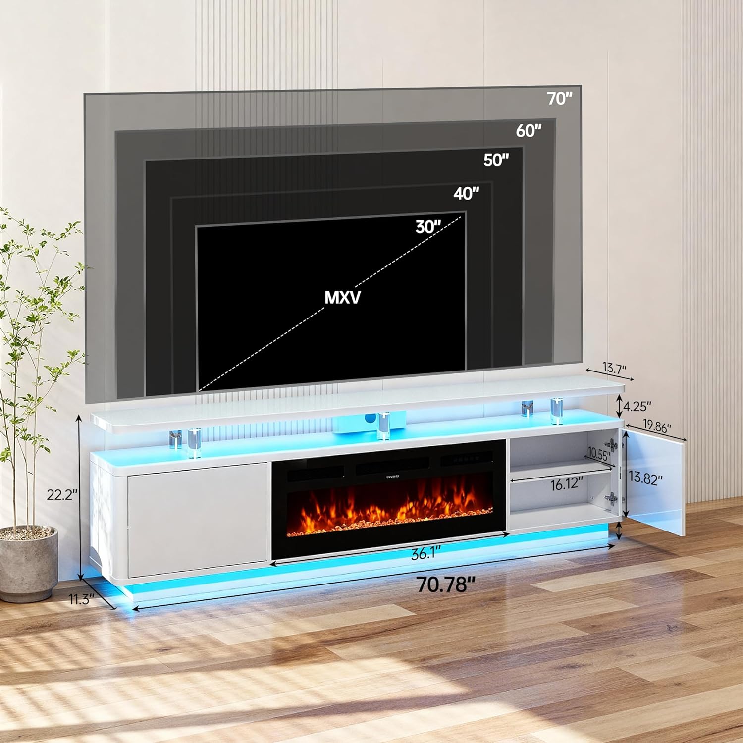 MXV 70" Fireplace TV Stand for TVs up to 80", Entertainment Center with 36" Fireplace & Double LED Lights, TV Console with Storage Cabinets for Living Room, Home Office, White
