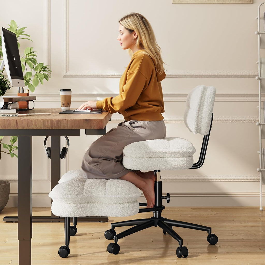 DurayLoly Cross Legged Office Chair, 360 Swivel, Folding Footrest, 5.12" Dual-Layer Plush Cushion, Height Adjustable, 300 lbs Capacity, Lumbar Support, Meditation Kneeling Chair, Off White