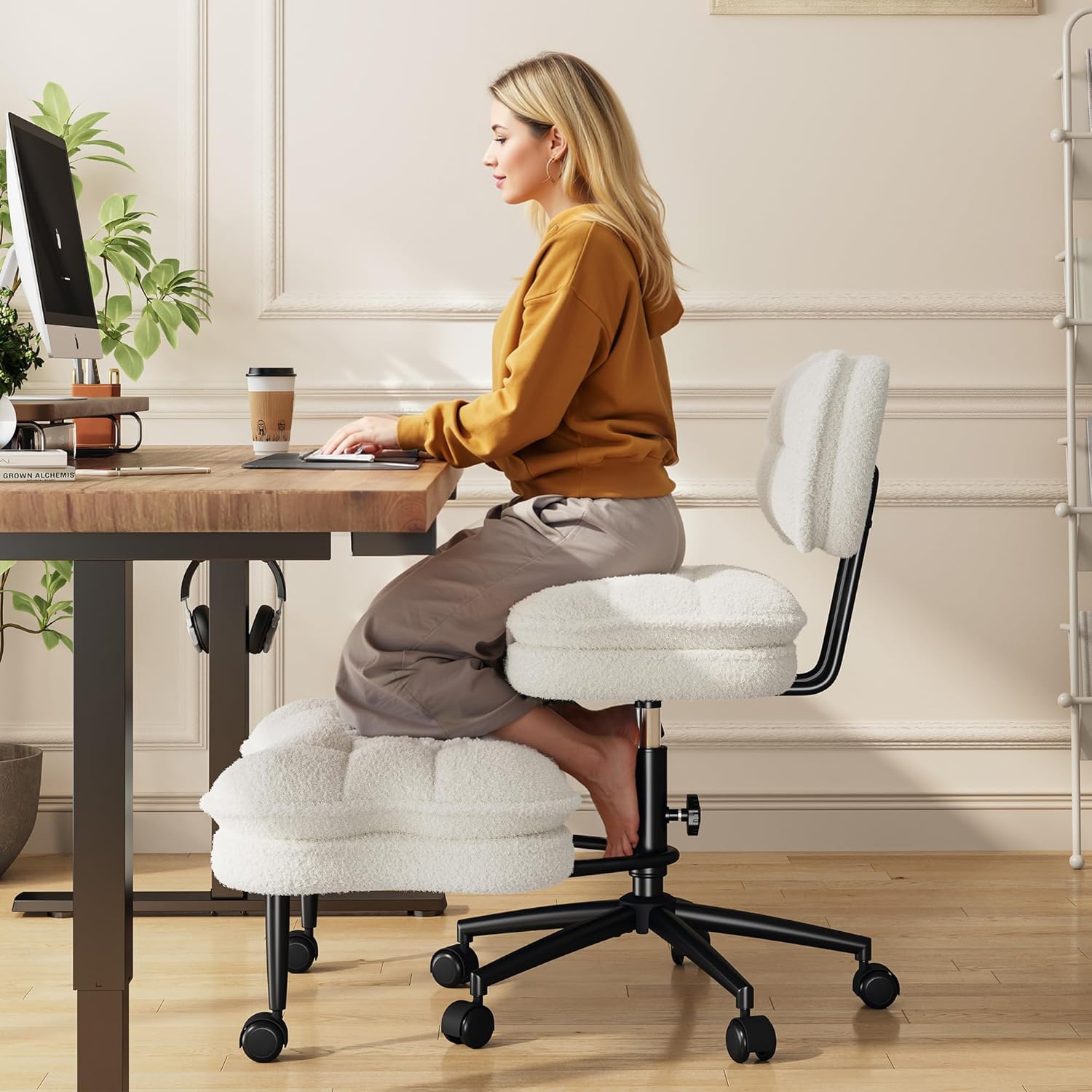 DurayLoly Cross Legged Office Chair, 360 Swivel, Folding Footrest, 5.12" Dual-Layer Plush Cushion, Height Adjustable, 300 lbs Capacity, Lumbar Support, Meditation Kneeling Chair, Off White