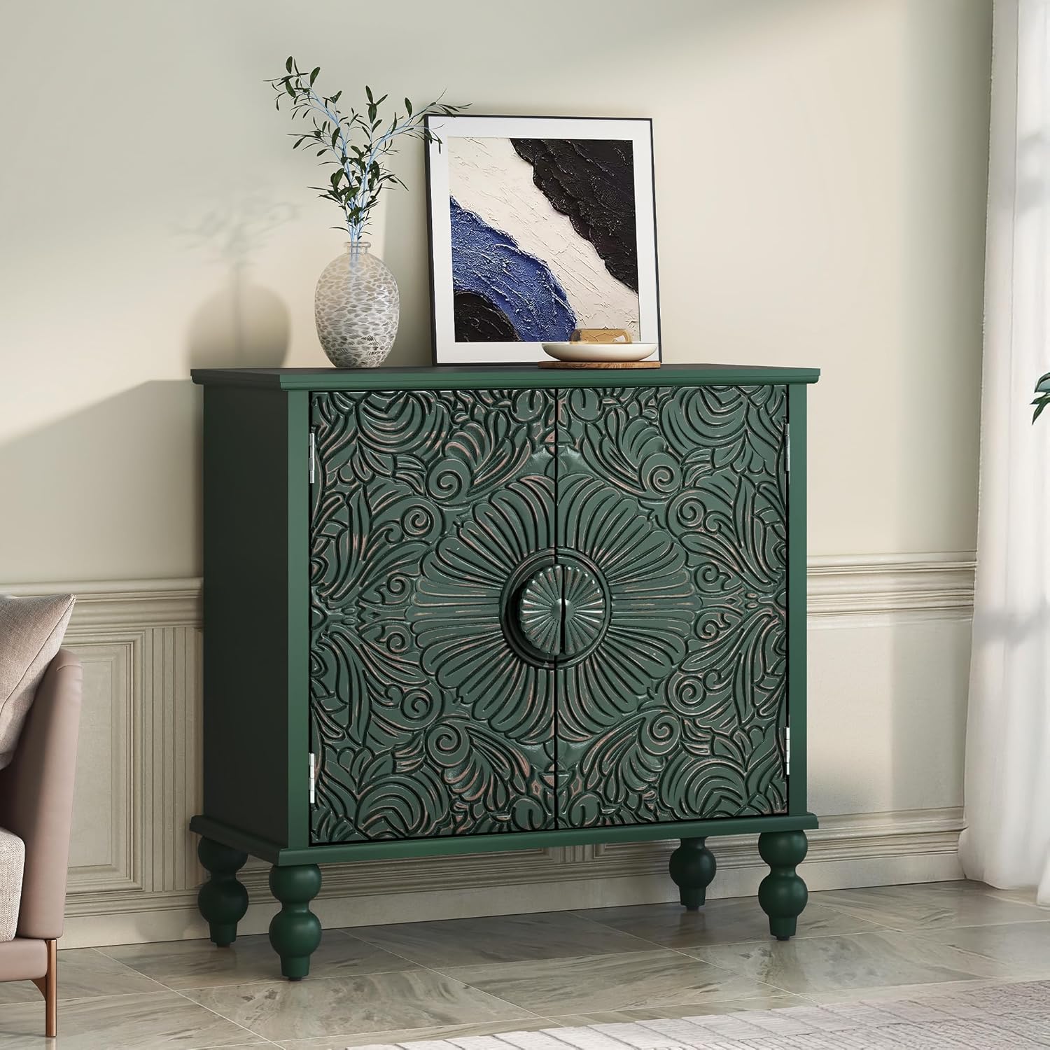 Buffet Cabinet with Storage, Accent Cabinet with 2 Carved Doors, Solid Wood Sideboard with Adjustable Shelf, Vintage Cabinets for Kitchen, Living Room, Entryway, Green