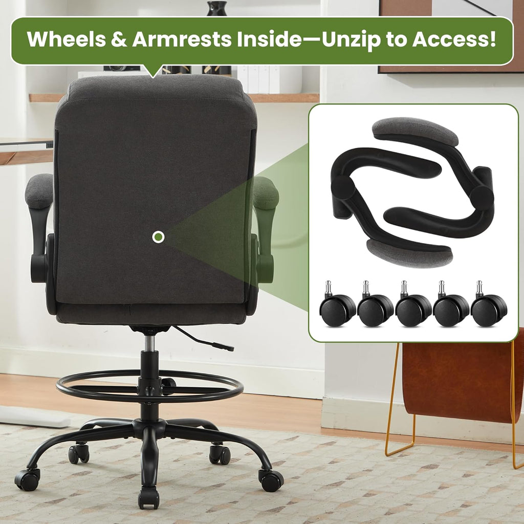 Drafting Chair Tall Office Chair for Standing Desk, Ergonomic Tall Desk Chair with Adjustable Foot Ring, Flip-Up Armrests, Lumbar Support, Comfortable Fabric Seat – Ideal for Home and Office Use