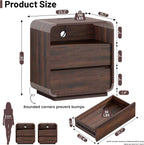 Standifurno Modern Nightstand Set of 2, 23.2" Wide Wood Bedside Table with Charging Station, 2 Storage Drawers Side Table Curved Profile, Handleless, Large End Table Night Stand for Bedroom, Walnut
