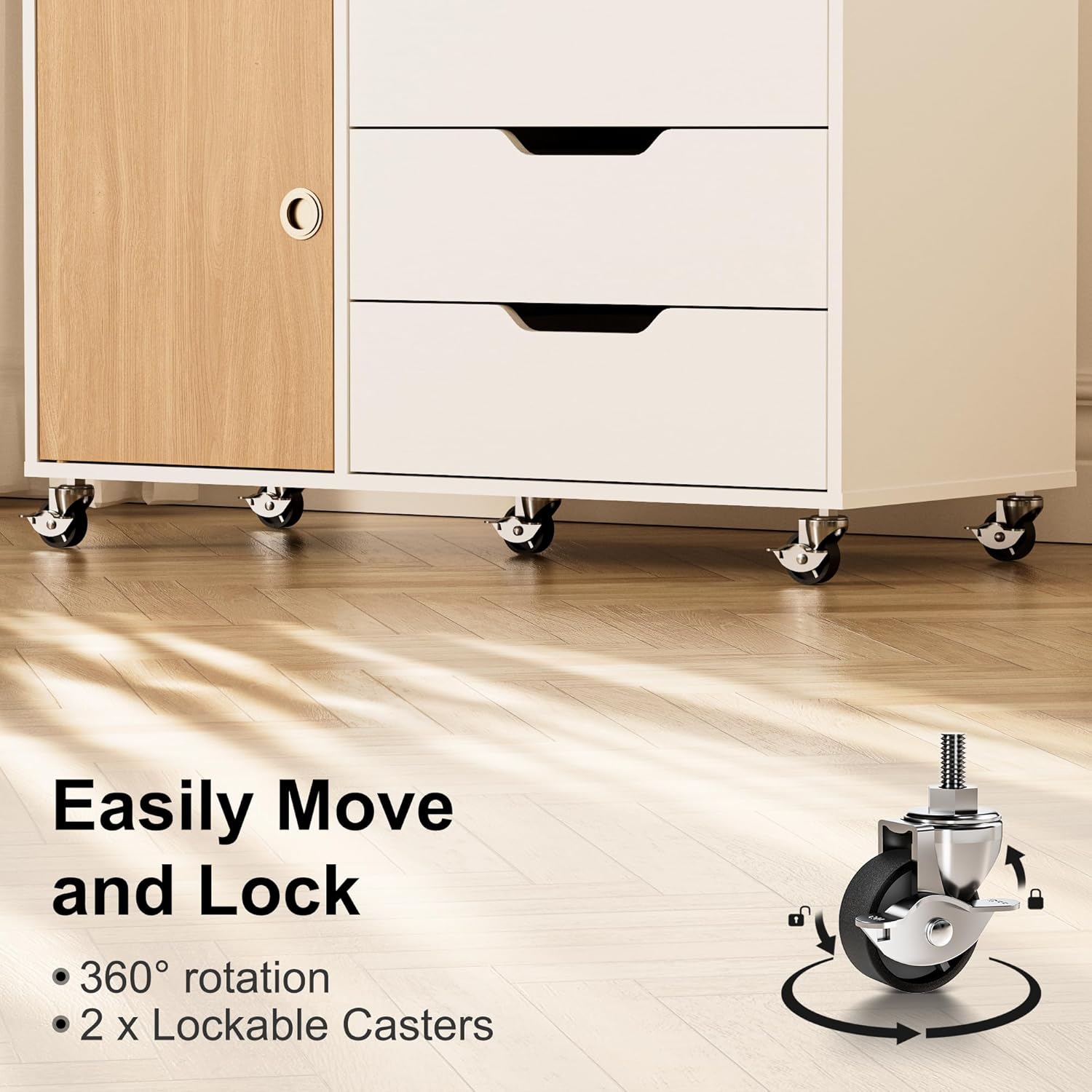 5 Drawers Mobile File Cabinet with Door, Rolling File Cabinet Printer Stand Table Craft Storage Cabinet, Under Desk Wooden Filing Cabinets for Home Office Essentials Storage Organization Furniture