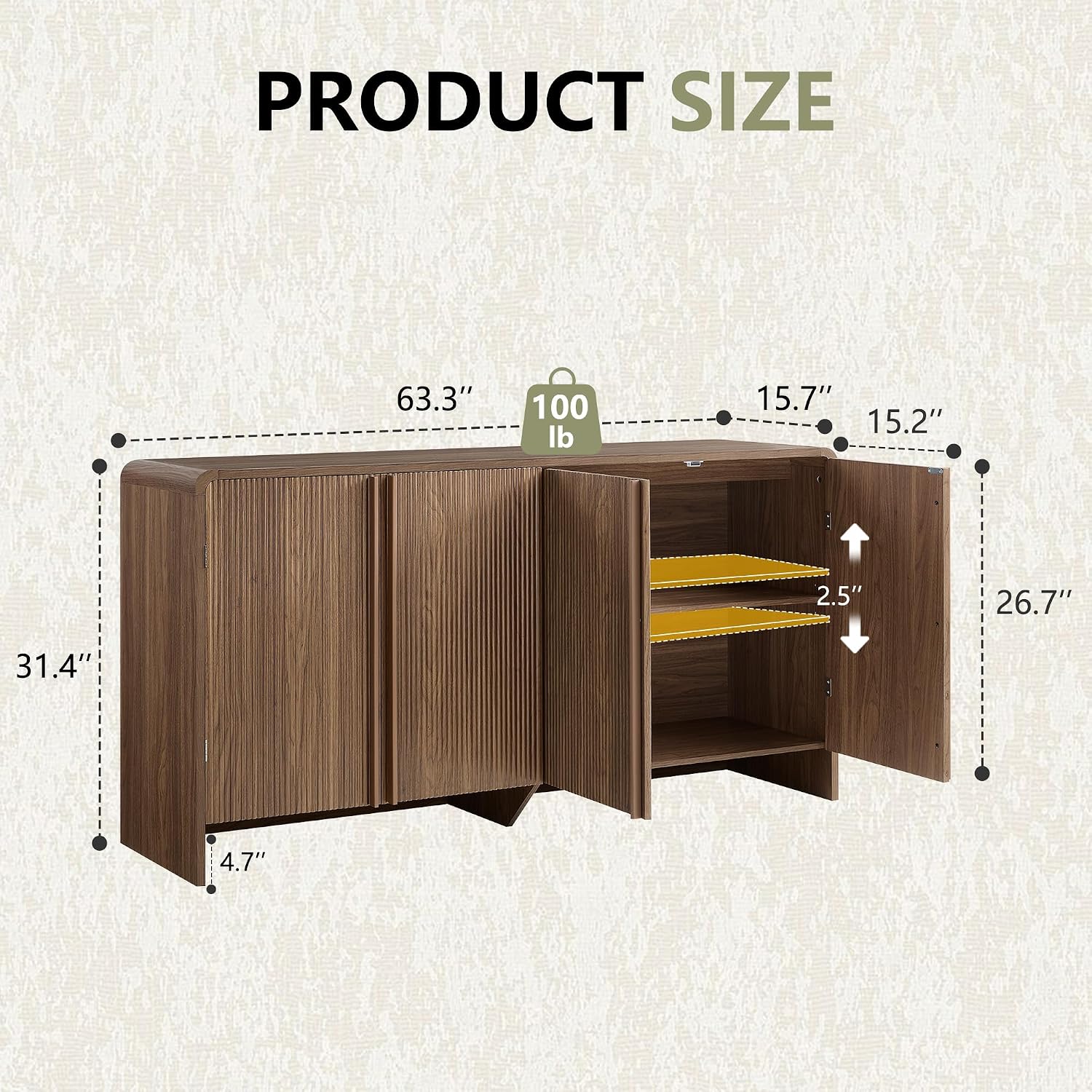 AMERLIFE 63" Fluted Sideboard Buffet Cabinet with Storage, Modern Credenza Console with 4 Doors & Adjustable Shelves, Wood Coffee Bar for Kitchen, Living Room, Hallway, Brown