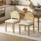 STHOUYN Upholstered Rattan Dining Chairs Set of 4, Farmhouse Solid Wood Dining Room Chair with Natural Rattan Woven Back and Chenille Seat, Mid-Century Modern Wooden Kitchen Chairs (4, Cream White)
