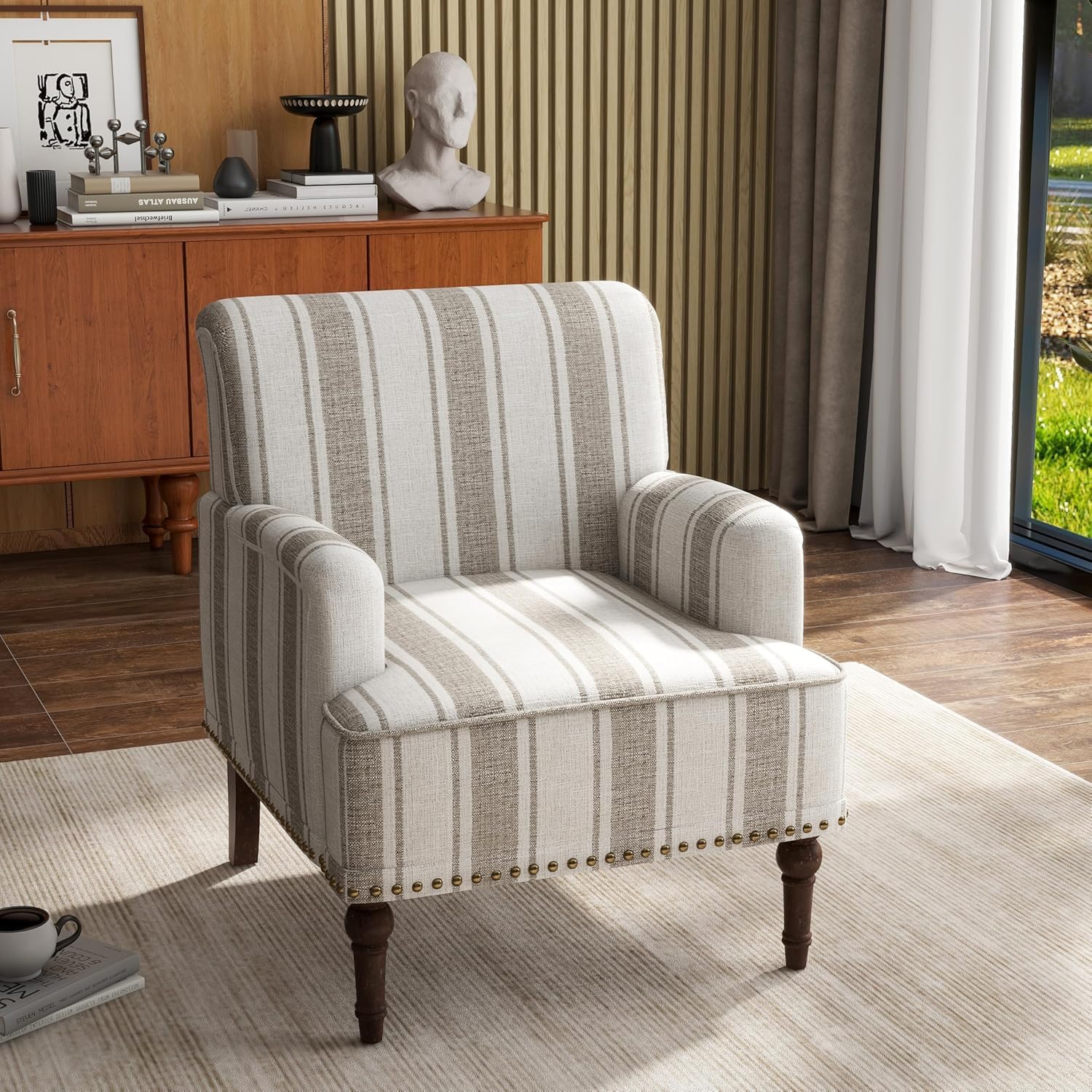 Stripe Accent Chair, Fabric Upholstered Armchair Modern Nailhead Trim Club Arm Chairs for Living Room with Wood Legs, Comfy Single Sofa Seat Bedroom Side Reading Seating - Brown