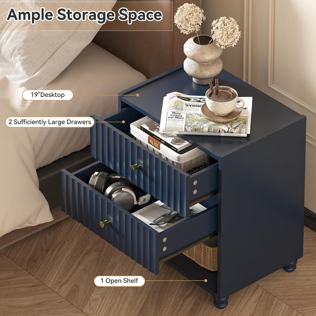 22 inch Tall Blue Nightstand Set of 2, Fluted Bedside Table with 2 Drawers and Open Shelf, Small End Table with Gold Handle for Bedroom (2, Blue)