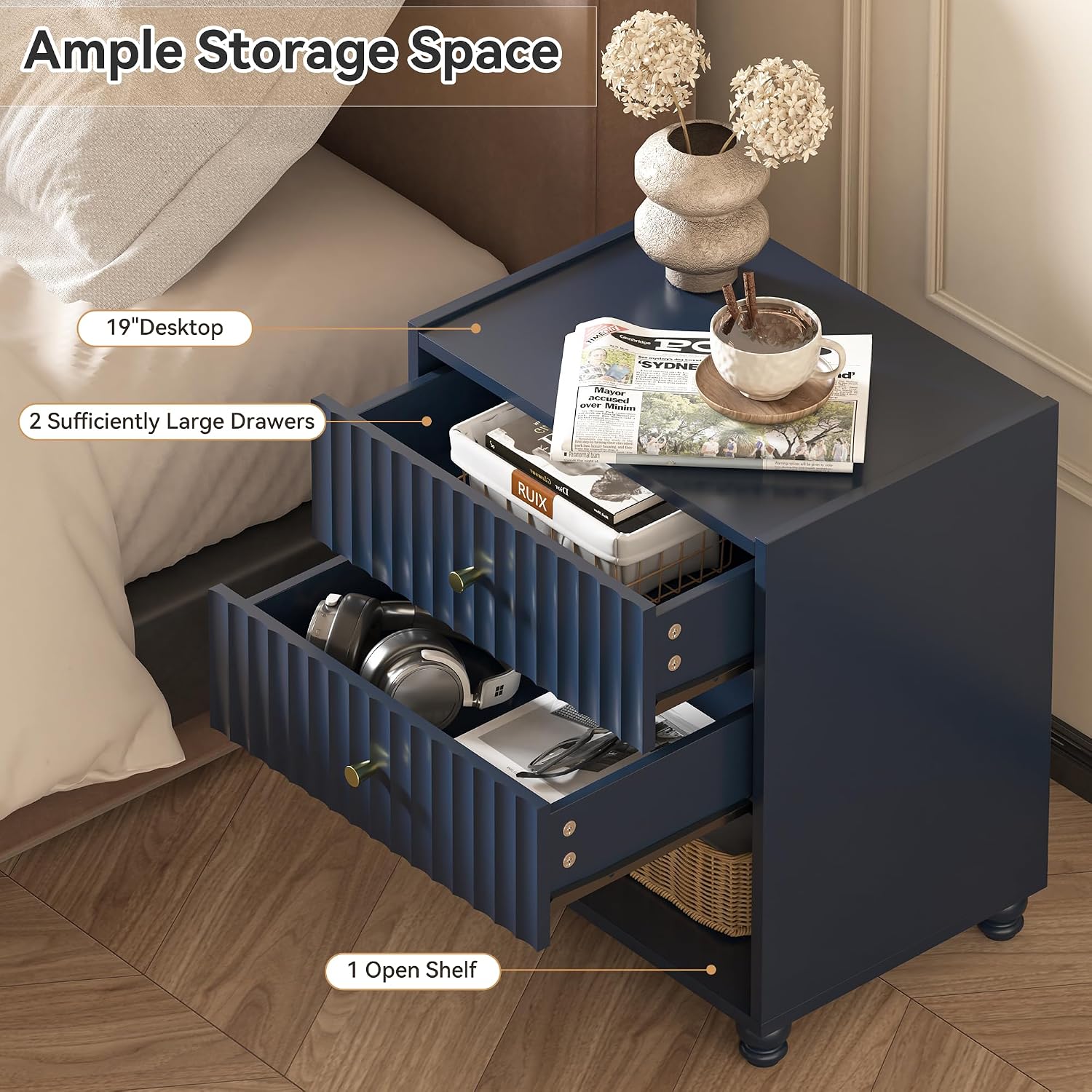 22 inch Tall Blue Nightstand Set of 2, Fluted Bedside Table with 2 Drawers and Open Shelf, Small End Table with Gold Handle for Bedroom (2, Blue)