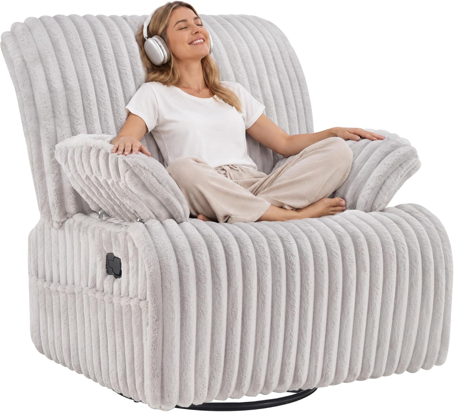 Swivel Rocking Recliner Chair, Comfy Corduroy Nursing Chair | Adjust Armrest, Big and Tall