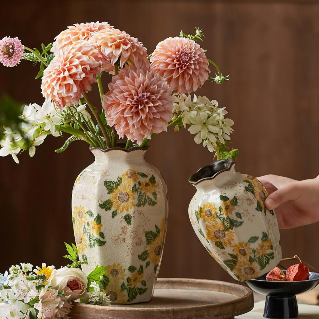Levvohd Vintage Octagonal Ceramic Vase Sunflower Pattern 9.3 Inch | Rustic Farmhouse Antique, Chinoiserie Floral, Pastoral, For Wall Art Bedroom and Shelf