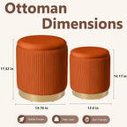 Royal Windsor Round Ottoman with Storage Set of 2, Vanity Stool with Storage for Bedroom, Ottoman Coffee Table Gold-Tone Ring Around the Base, Small Velvet Foot Stool for Living Room, Orange