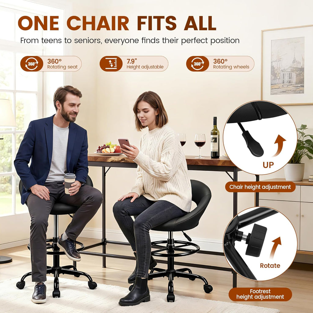 Ergonomic Drafting Chair for Standing Desk, Height Adjustable Rolling Stool with Foot Rest, Tall PU Leather Chair with Wheels and Back Support for Home Office Kitchen Counter, Black