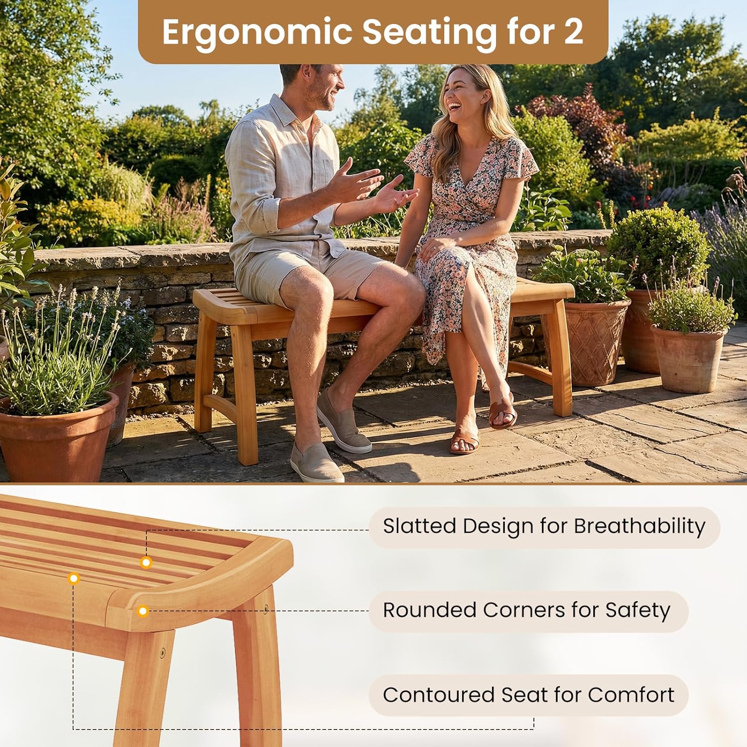 Tangkula Teak Wood Outdoor Bench, 2-Person Patio Backless Garden Dining Bench with Contoured Slatted Seat, 800 lbs Capacity, Outside Seating Furniture for Porch, Balcony, Deck & Yard (Natural)
