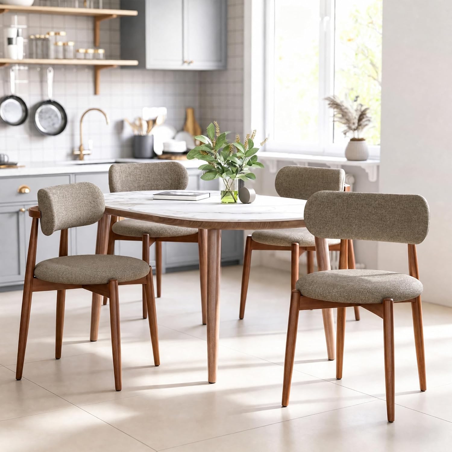 Wooden Dining Chairs Set of 4, Mid Century Modern Upholstered Kitchen Chairs with Solid Wood Legs, 350lb Heavy Duty Padded Side Chairs for Dining Room & Vanity, Camel