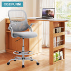Drafting Chair Tall Office Chair for Standing Desk Counter Height Adjustable, Egronomic Lumbar Support with Flip Up Armrest, Footrest, Rolling, Grey, 1pc