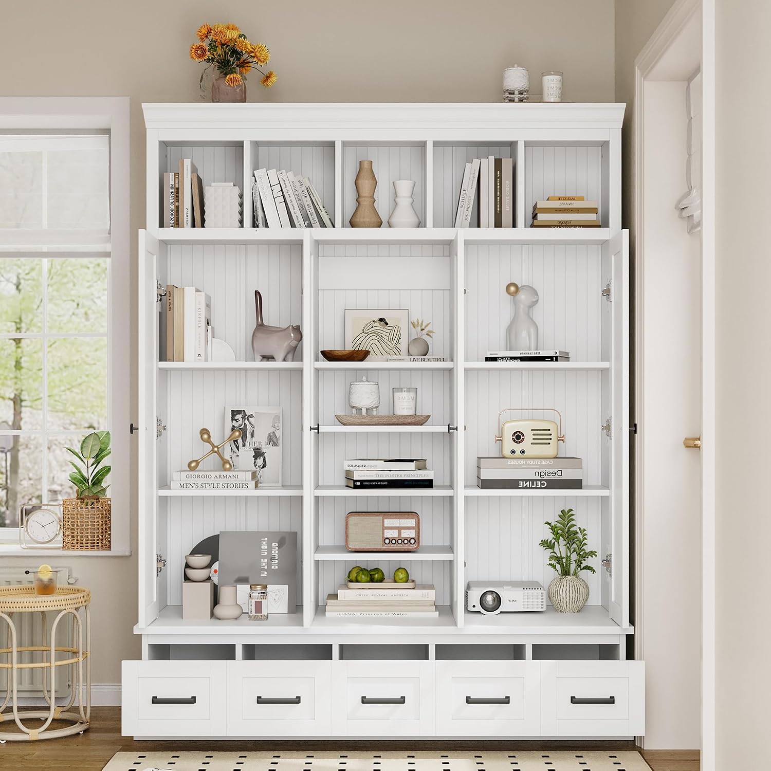 JIVOIT Modern Hall Tree with Bench and 5 Storage Cubbies, 5 Drawers | 78.7''H Hall Tree, Entryway Storage Organizer Cabinet, Adjustable Shelves, 4 Doors, Hallway, Entryway, Living Room