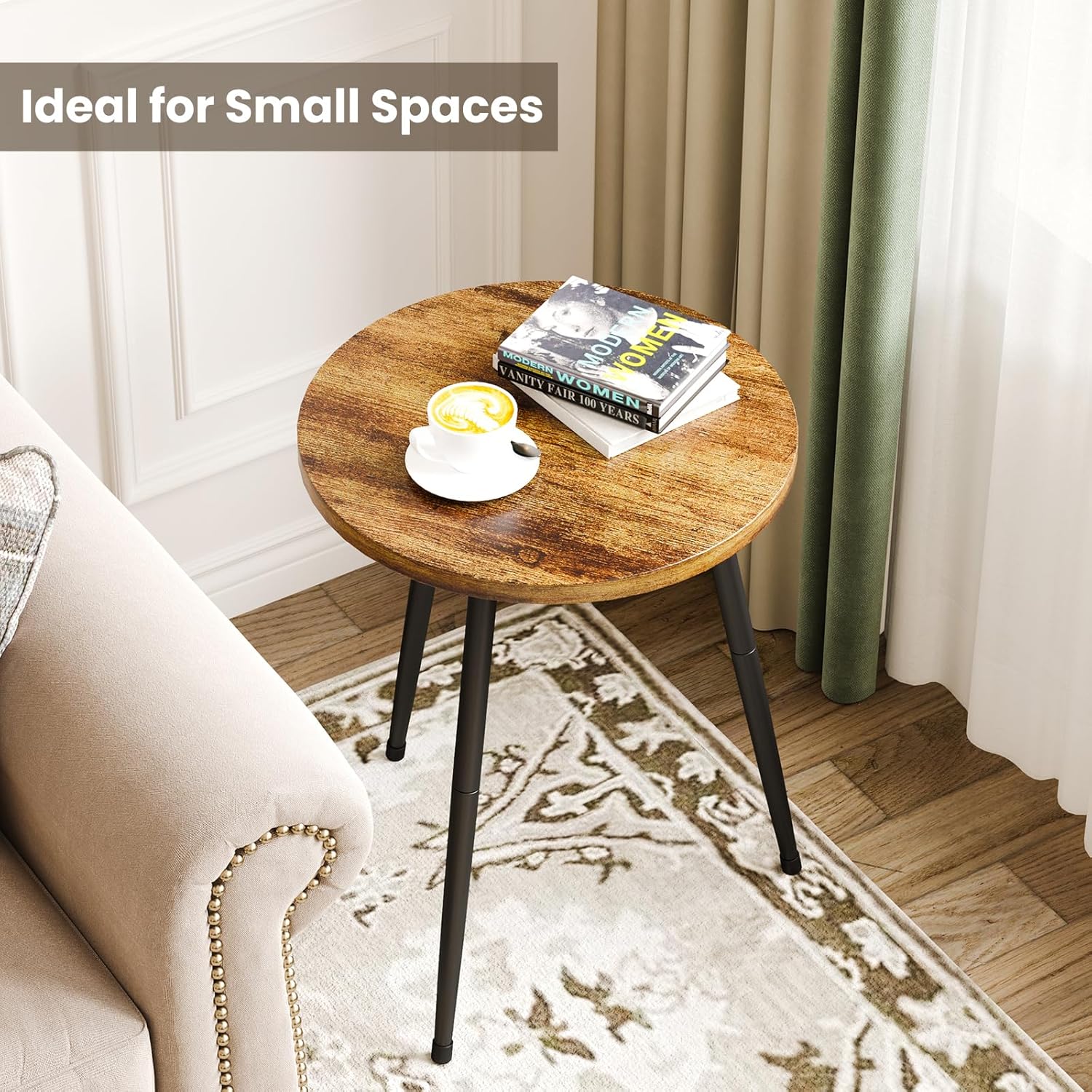 Side Table Small Round End Table Indoor Accent Table for Small Spaces Black Metal Industrial Nightstand for Bedroom, Living Room, Office.
