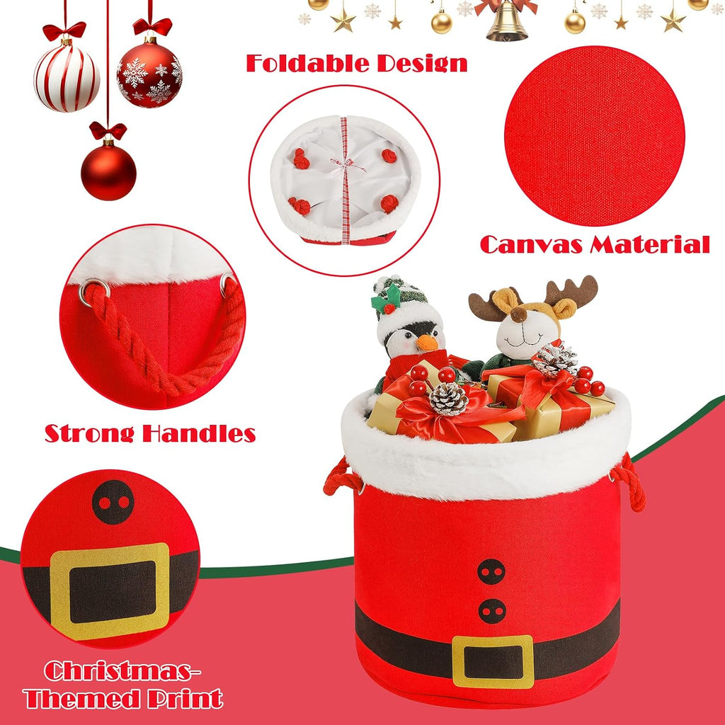 Christmas Bucket Xmas Buckets Red Santa Belt Round Basket with Handles, Christmas Game Ornaments Storage Tins Gift Basket Empty Decorative Kitchen Candy Bars for Xmas Winter Holidays Party Favors