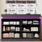Dresser for Bedroom with RGB LED Lights and Charging Station, 6 Drawers Wooden Chest of Drawers, 47.2" Wide Fluted TV Stand, Closet Clothes Storage Organizer for Living Room, Hallway, Black