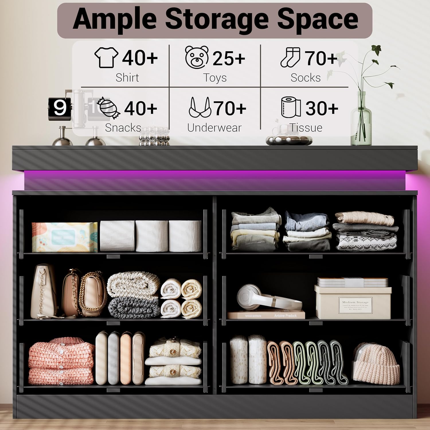 Dresser for Bedroom with RGB LED Lights and Charging Station, 6 Drawers Wooden Chest of Drawers, 47.2" Wide Fluted TV Stand, Closet Clothes Storage Organizer for Living Room, Hallway, Black