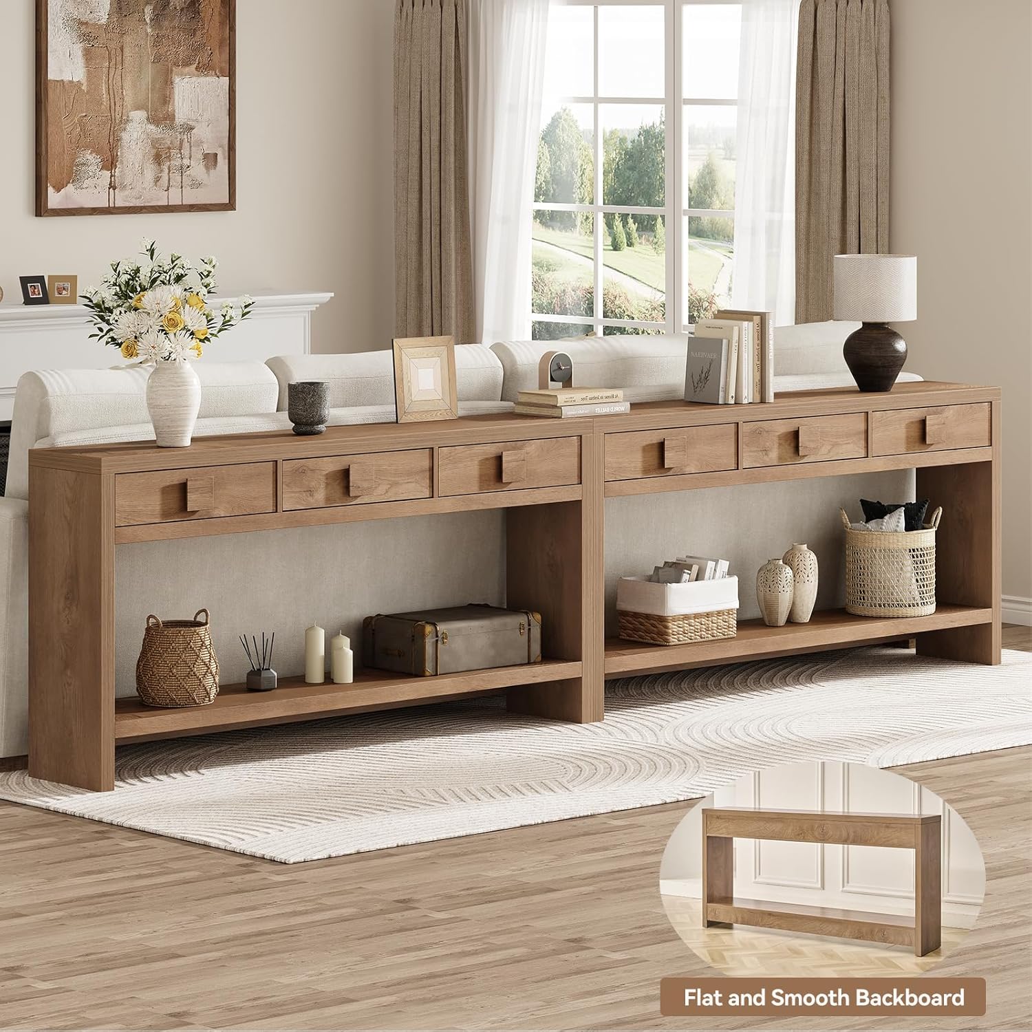 ONBRILL 63 Inch Long Console Table with 3 Drawers, Entryway Table with Open Storage Shelves, Mid Century Modern Hallway Accent Tables Behind Couch Table for Living Room (Vintage Brown)