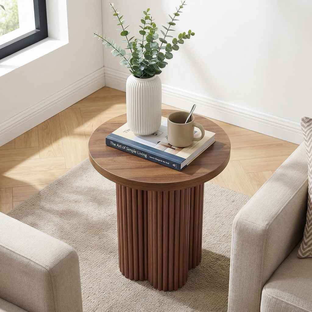 Round Fluted End Table, 17.7'' Mid Century Modern Side Table, Circle Bedside Tables Drink Table Wood Nightstand for Small Spaces, Living Room (Walnut-1PCS)
