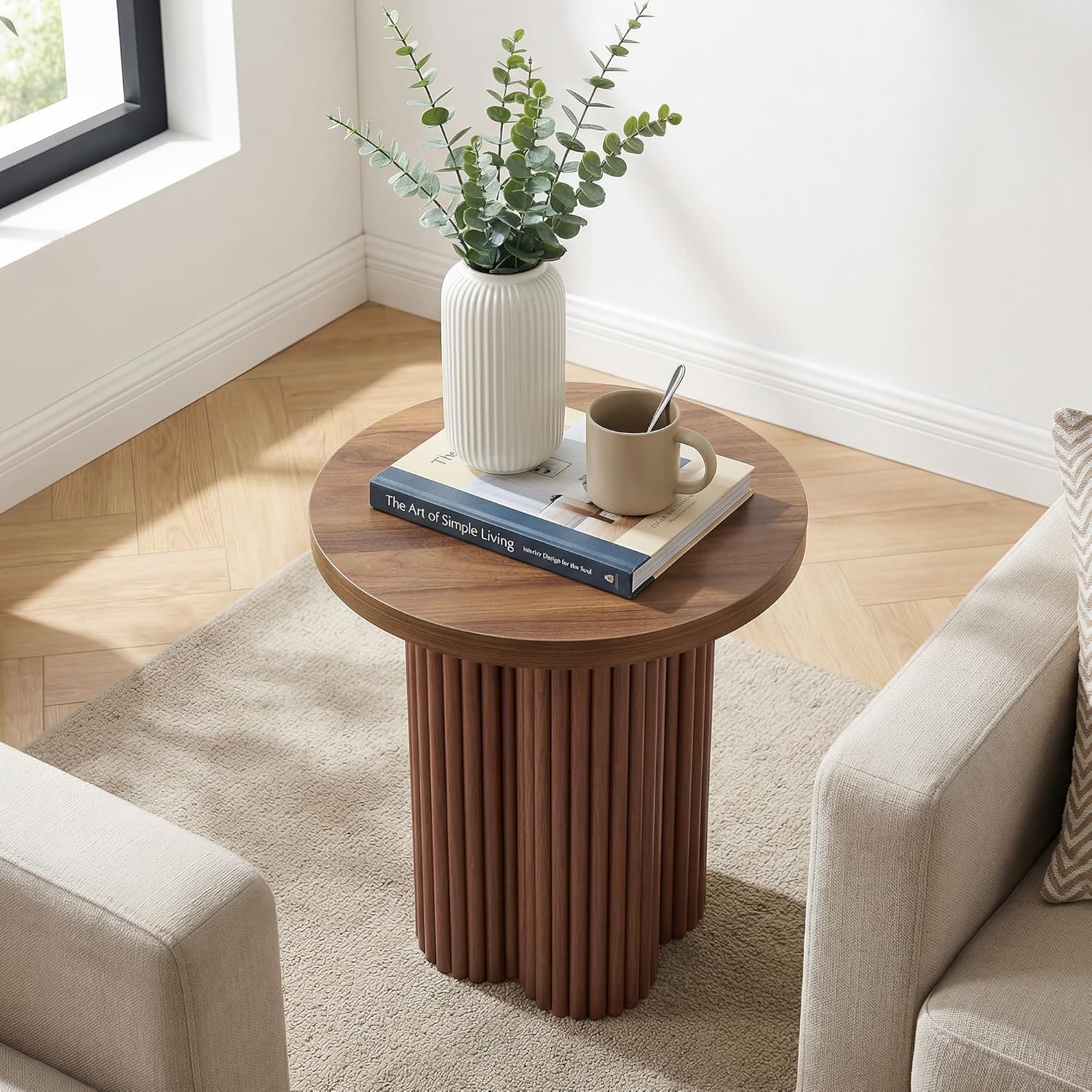 Round Fluted End Table, 17.7'' Mid Century Modern Side Table, Circle Bedside Tables Drink Table Wood Nightstand for Small Spaces, Living Room (Walnut-1PCS)
