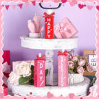 Redbaker 3 Pcs Valentine's Day Decorations for Home Wooden Block Sign Happy Valentines Day Table Decor Rustic Farmhouse Red Pink Centerpieces for Tiered Tray Wedding Mother Party Shelf Mantel Favor