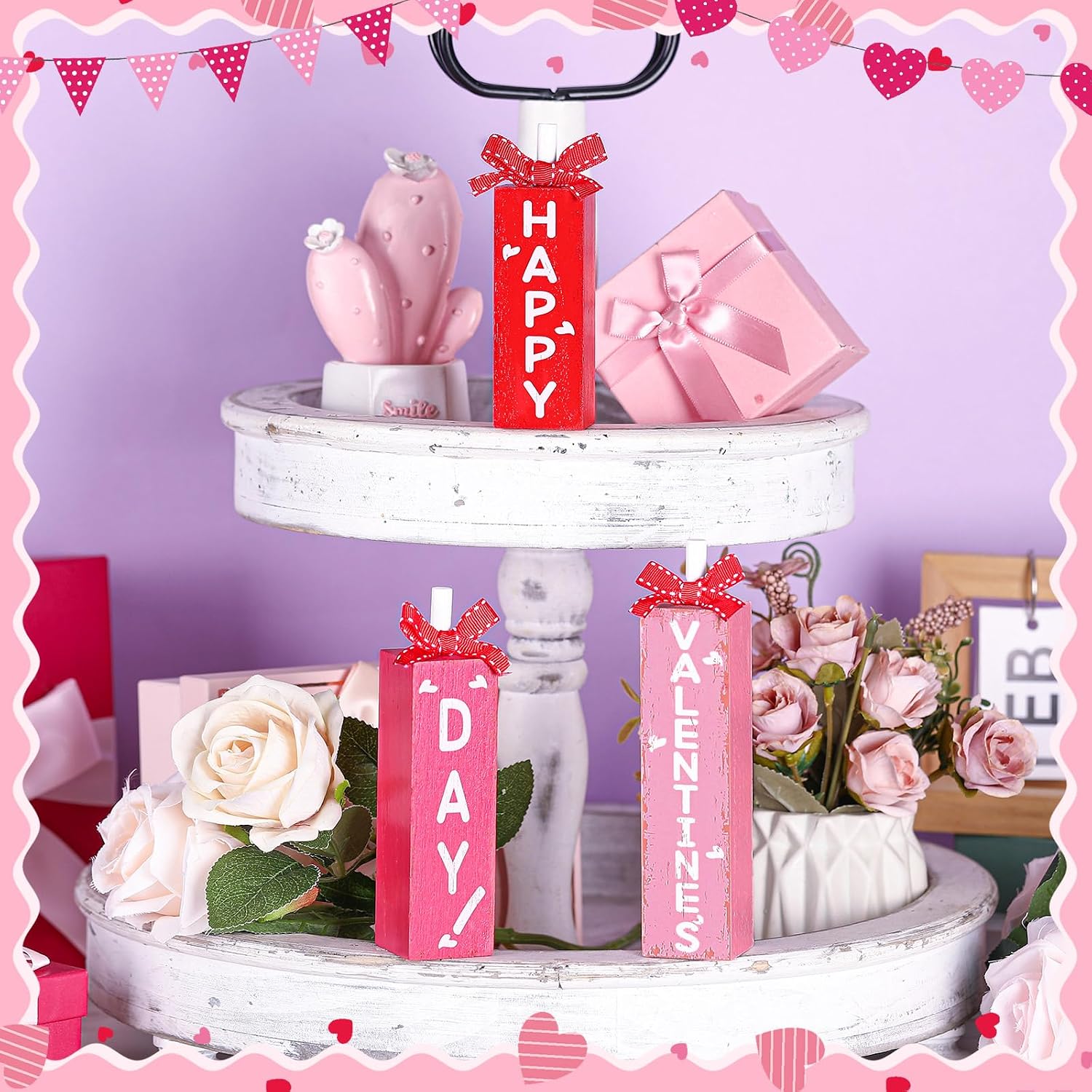Redbaker 3 Pcs Valentine's Day Decorations for Home Wooden Block Sign Happy Valentines Day Table Decor Rustic Farmhouse Red Pink Centerpieces for Tiered Tray Wedding Mother Party Shelf Mantel Favor