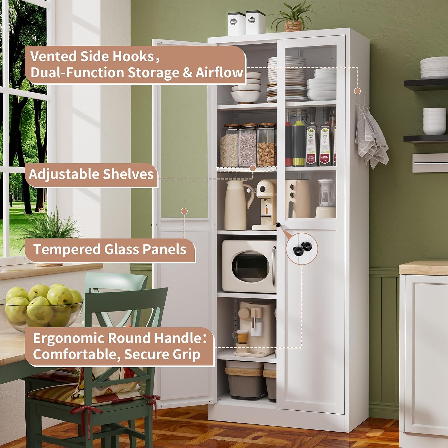 Storage Pantry Buffet Cabinet - 72" White Metal Tall Heavy-Duty Adjustable Freestanding Kitchen Pantry Cabinet with Doors Shelves for Kitchen Living Room Bathroom Garage Pantry