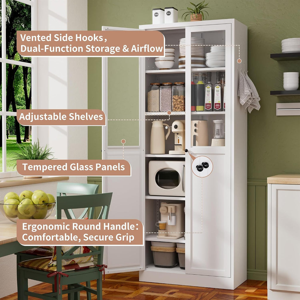 72" White Storage Cabinet Metal Kitchen Pantry Cabinet with Glass Doors & Adjustable Shelves,Freestanding Storage Organizer Utility Cupboard for Pantry, Kitchen, Bathroom