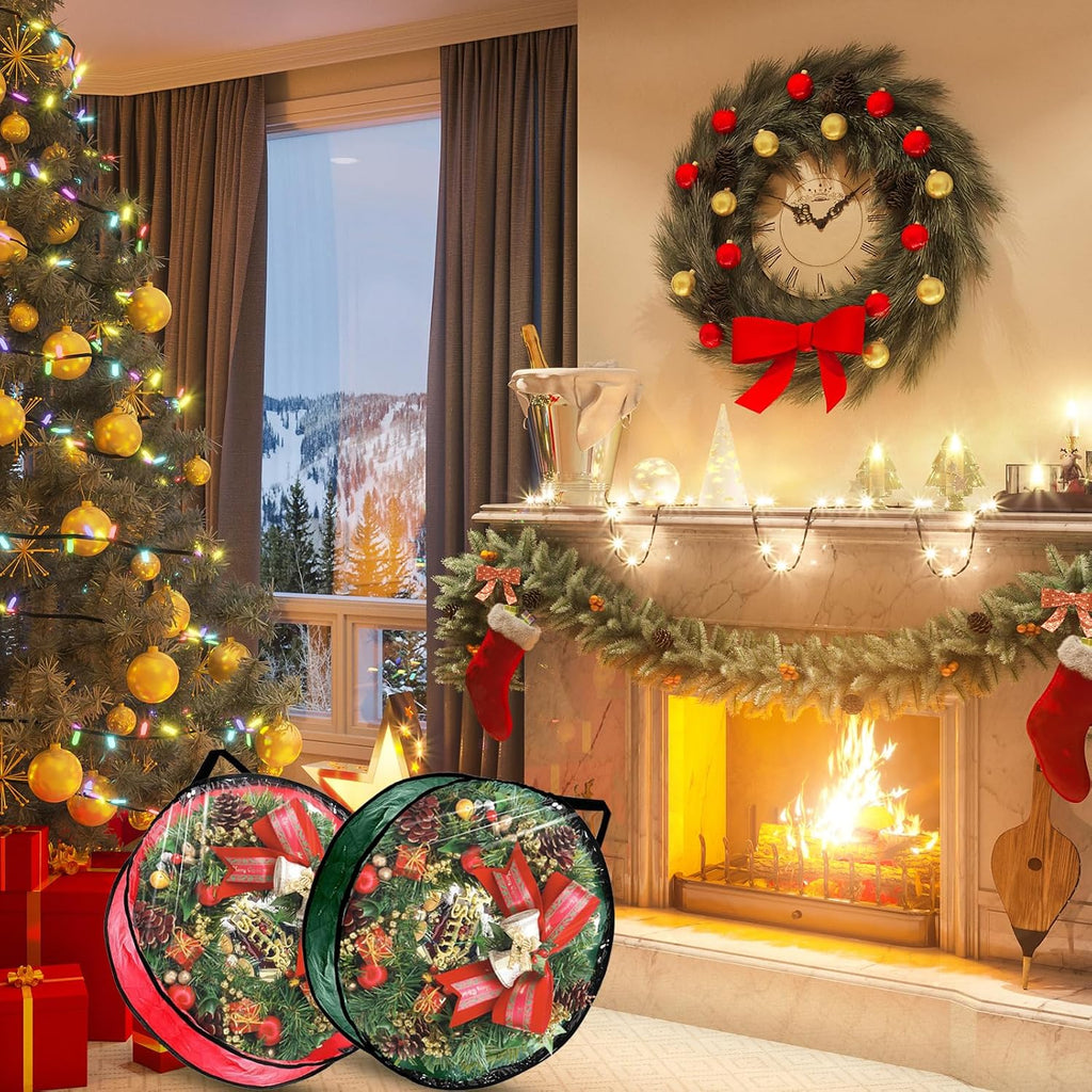 6 PCS Clear Wreath Storage Bag, 24x8 Inch Christmas Wreath Storage Container, PVC+PE Wreath Protector with Handle for Xmas Holiday Seasonal Wreath Garland (3 Green+3 Red)