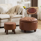 24Inch Round Storage Ottoman, Set of 2, Modern PU Leather Coffee Table with Removable Top, Upholstered Ottoman with Storage Footrest Stool for Living Room, Bedroom (Brown)