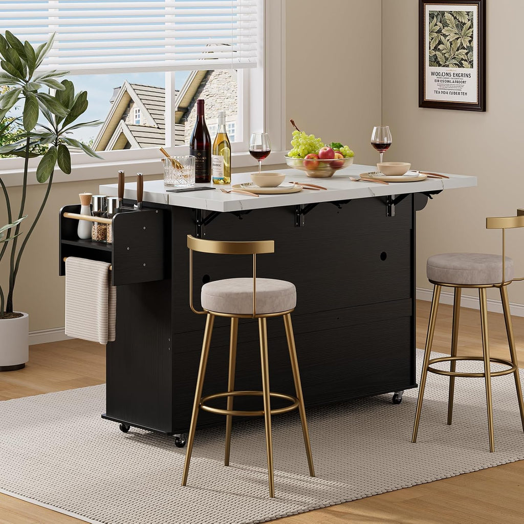 ONBRILL 60" Kitchen Island with Power Outlet & Drop Leaf, Rolling Island with Spice Rack & Towel Rack, Kitchen Island Cart with Trash Storage Cabinet, Island Table for Kitchen, Black+Imitation Marble