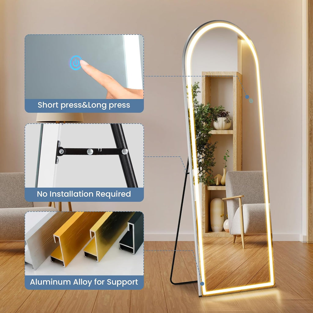 Arched Full Length Mirror with LED Lights, 20"x63" Floor Standing or Wall Mounted Dressing Mirror, 3 Color Lighting Modes for Bedroom, Living Room, Bathroom