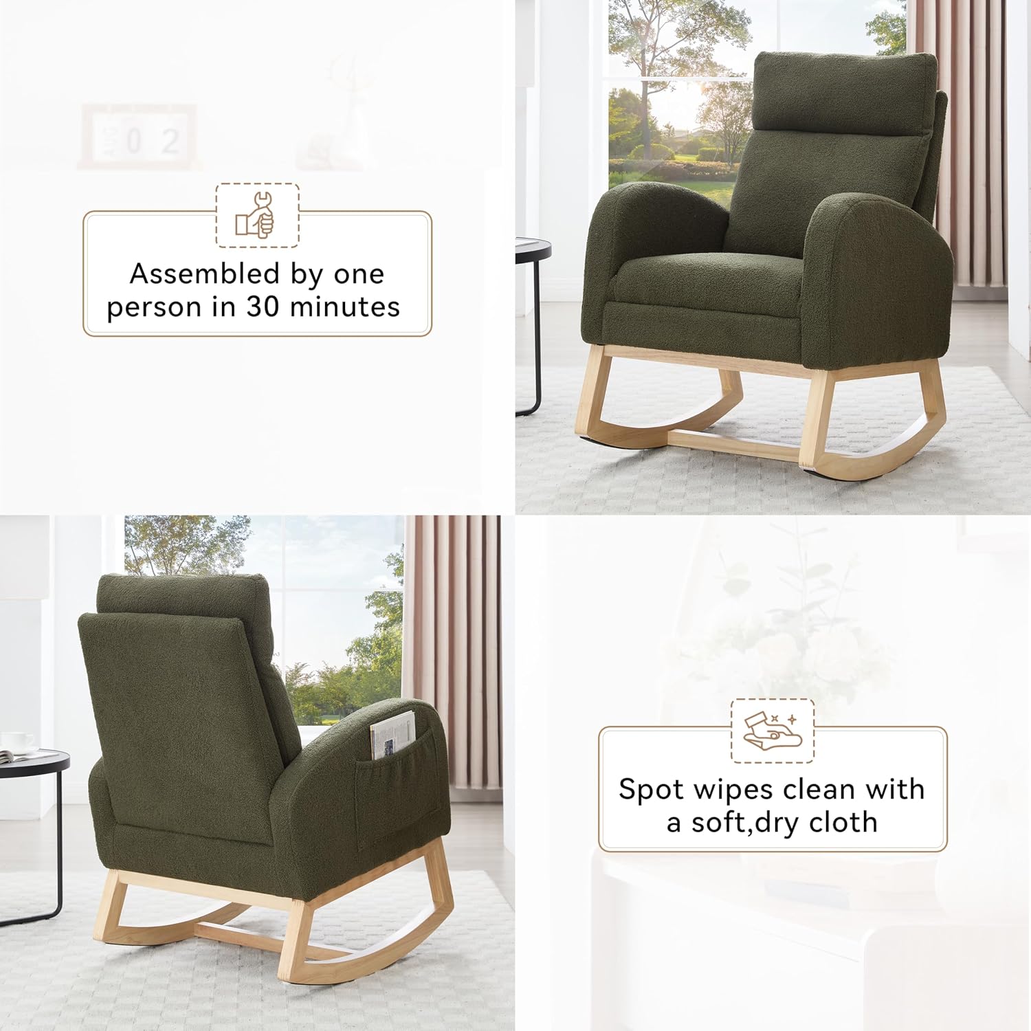 Rocking Chair, Nursery Rocking Chair, Teddy Fabric Rocker, Adjustable Footrest, Headrest, Side Pocket, Solid Wood Base, 15 Degree, Green