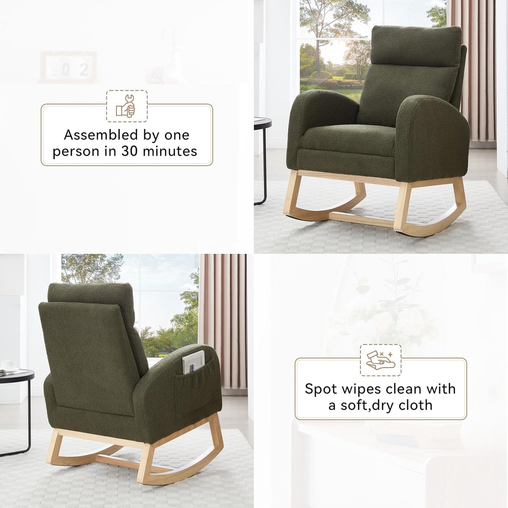 Rocking Chair, Nursery Chair, Teddy Fabric Rocker with Adjustable Footrest, Headrest, Right Side Pocket, Solid Wood Base, Green Accent Chair