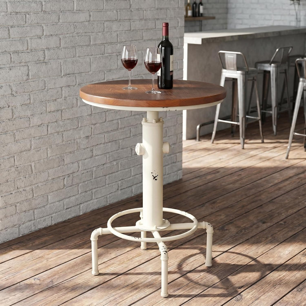 Topower Industrial Bar Table 32.3-38.2" Adjustable Pub Table Kitchen Dining Coffee Bistro Table (Antique White)