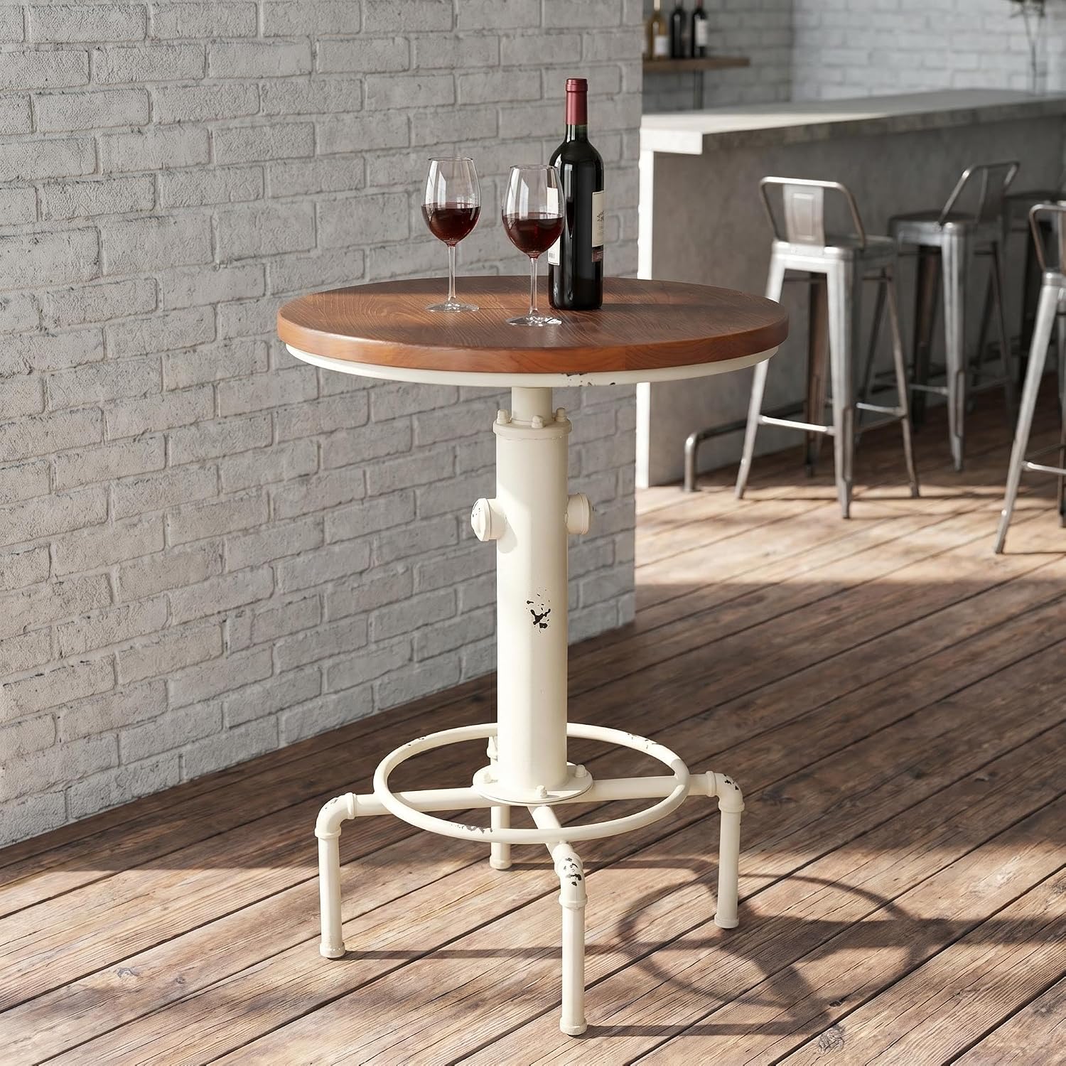 Topower Industrial Bar Table 32.3-38.2" Adjustable Pub Table Kitchen Dining Coffee Bistro Table (Antique White)